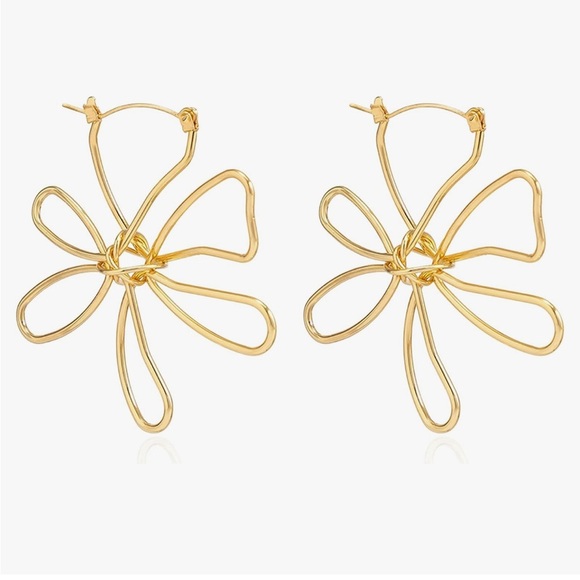 Gold wire Flower abstract Hoop Earrings - Picture 1 of 3